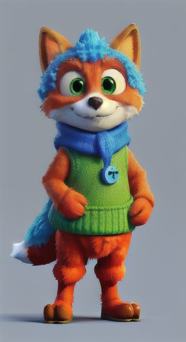  {Error the fox pressing the blue button with his paw, looking puzzled as nothing occurs., Error is a small, bright orange fox with a fluffy tail and big, inquisitive eyes. He has a mischievous yet kind expression and wears a tiny green scarf.