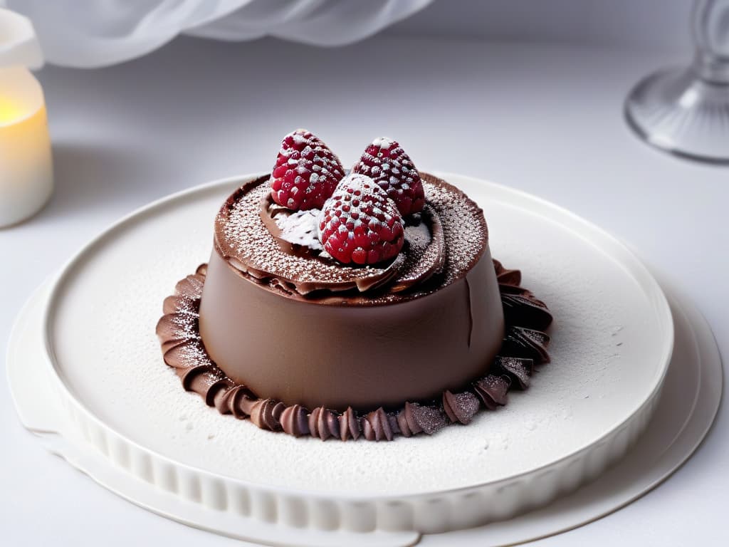  A closeup, ultradetailed image of a decadent, velvetysmooth chocolate mousse in a pristine white ceramic ramekin. The mousse is garnished with a single shimmering raspberry on top, its deep red hue contrasting beautifully with the rich, dark chocolate. The texture of the mousse appears light and airy, with tiny bubbles captured in exquisite detail, reflecting the care and precision put into creating this delectable dessert. hyperrealistic, full body, detailed clothing, highly detailed, cinematic lighting, stunningly beautiful, intricate, sharp focus, f/1. 8, 85mm, (centered image composition), (professionally color graded), ((bright soft diffused light)), volumetric fog, trending on instagram, trending on tumblr, HDR 4K, 8K