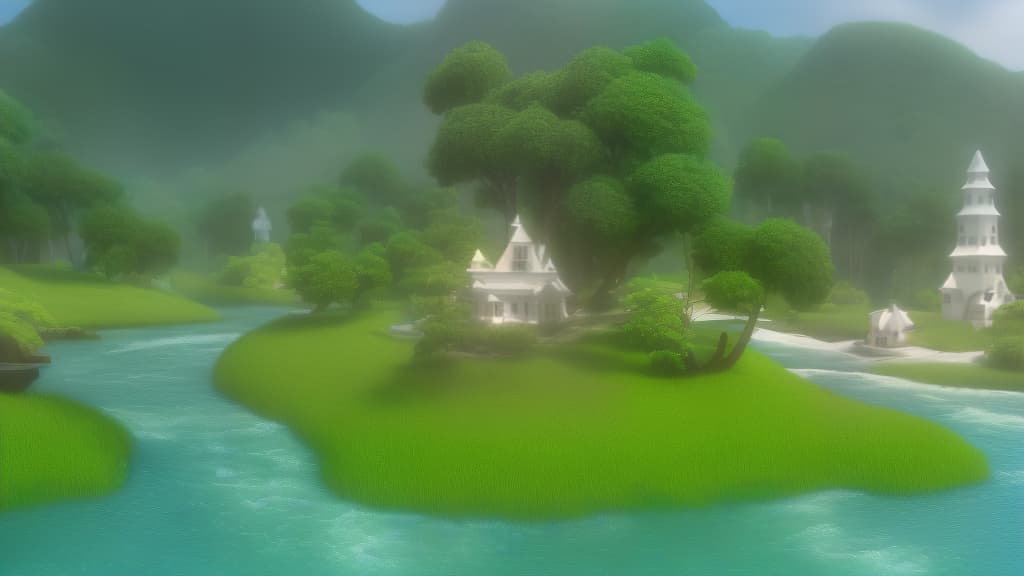 modern disney style white flower tree next to blue river, lush green, some cute house