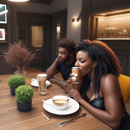  (black people sitting at table having coffee), photorealistic, highly detailed, 4k, high quality hyperrealistic, full body, detailed clothing, highly detailed, cinematic lighting, stunningly beautiful, intricate, sharp focus, f/1. 8, 85mm, (centered image composition), (professionally color graded), ((bright soft diffused light)), volumetric fog, trending on instagram, trending on tumblr, HDR 4K, 8K