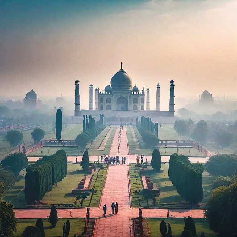  Futuristic city view near Taj mahal hyperrealistic, full body, detailed clothing, highly detailed, cinematic lighting, stunningly beautiful, intricate, sharp focus, f\/1. 8, 85mm, (centered image composition), (professionally color graded), ((bright soft diffused light)), volumetric fog, trending on instagram, trending on tumblr, HDR 4K, 8K