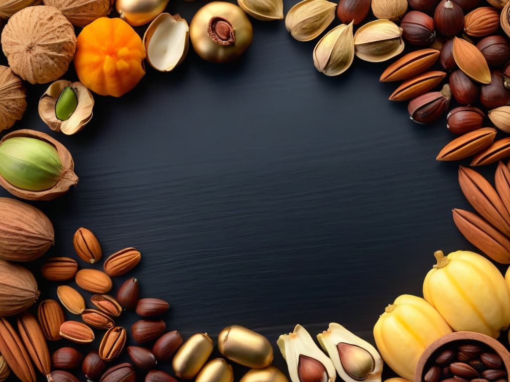  An ultradetailed closeup image of a variety of premium nuts and seeds arranged in a luxurious and elegant pattern on a sleek, matte black surface. The assortment includes perfectly shelled pistachios, golden flaxseeds, whole hazelnuts, chia seeds, and pumpkin seeds, each showcasing its unique texture and color under focused lighting that highlights their natural beauty. The meticulous composition and highresolution capture bring out the intricate details of each nut and seed, evoking a sense of sophistication and quality that resonates with the upscale theme of the article. hyperrealistic, full body, detailed clothing, highly detailed, cinematic lighting, stunningly beautiful, intricate, sharp focus, f/1. 8, 85mm, (centered image composition), (professionally color graded), ((bright soft diffused light)), volumetric fog, trending on instagram, trending on tumblr, HDR 4K, 8K