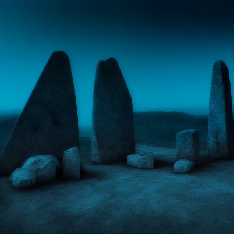  Silent altar beside a like. A stone monument. Sci fi landscape. Blue tones, relaxing ambience. Solitude.