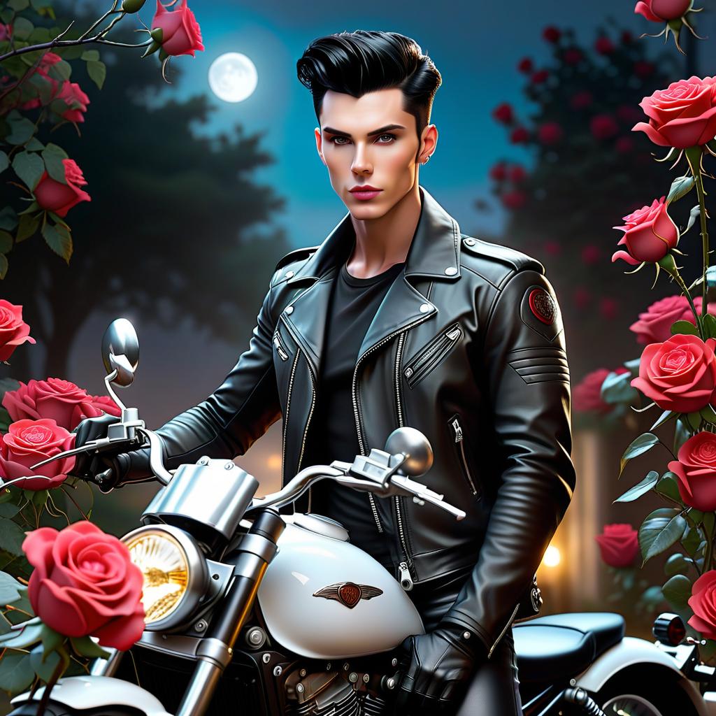  ethereal fantasy concept art of Andy Black, dark hair, gray eyes, wearing a black leather jacket, white t shirt, black jeans. Standing next to a motorcycle with roses at night. . magnificent, celestial, ethereal, painterly, epic, majestic, magical, fantasy art, cover art, dreamy hyperrealistic, full body, detailed clothing, highly detailed, cinematic lighting, stunningly beautiful, intricate, sharp focus, f/1. 8, 85mm, (centered image composition), (professionally color graded), ((bright soft diffused light)), volumetric fog, trending on instagram, trending on tumblr, HDR 4K, 8K