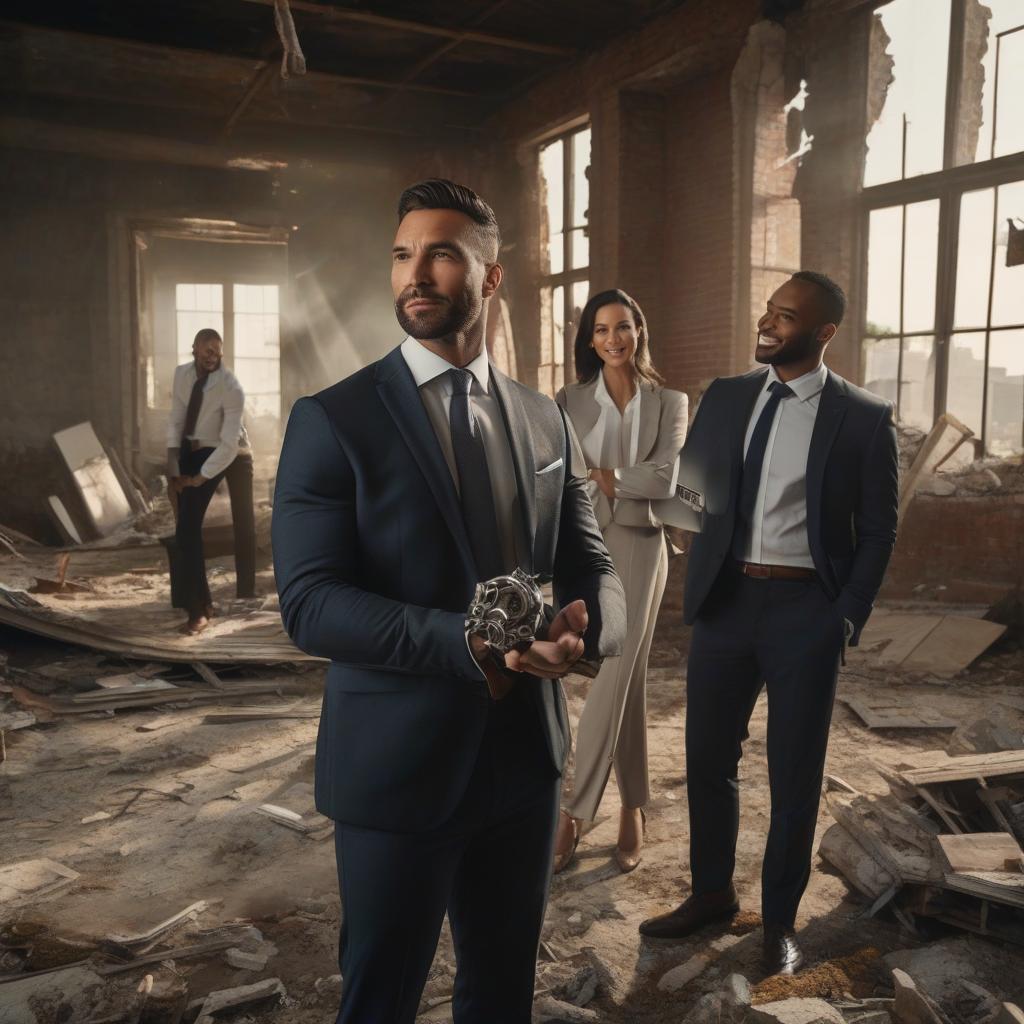  Real Estate Agents (men and women), in business attire with keys in their hands, are standing in a destroyed apartment and smiling. hyperrealistic, full body, detailed clothing, highly detailed, cinematic lighting, stunningly beautiful, intricate, sharp focus, f/1. 8, 85mm, (centered image composition), (professionally color graded), ((bright soft diffused light)), volumetric fog, trending on instagram, trending on tumblr, HDR 4K, 8K