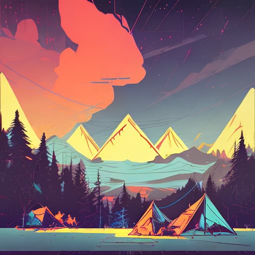 nvinkpunk Whimsical mountains with trees, camping tent and fire