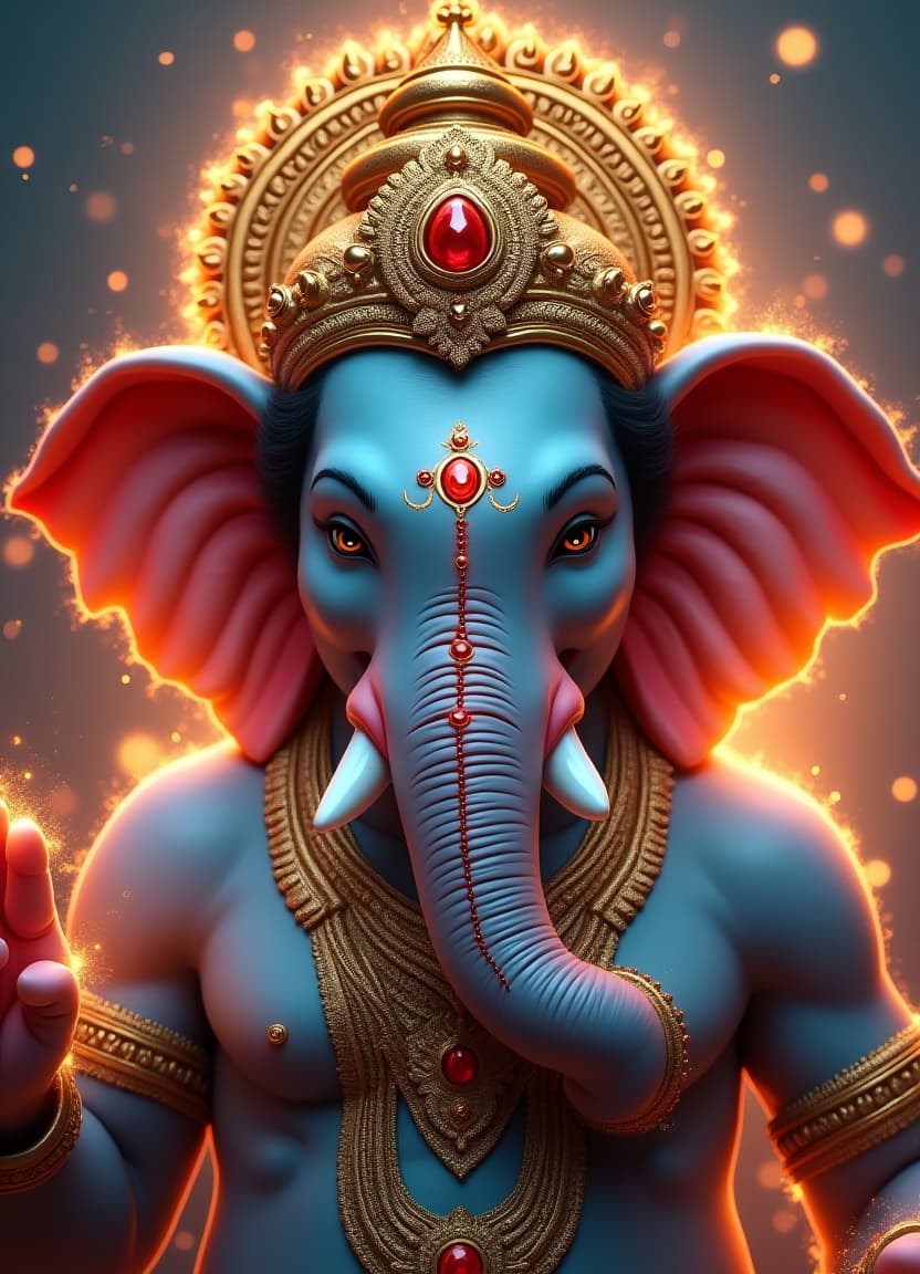  good quality, high quality, create a hyperrealistic, highly detailed image of lord ganesha, the hindu god, with an elephant head. he should have a majestic blue hued skin tone, adorned with intricate, ornate golden jewelry, including a detailed crown with embedded jewels. his forehead should feature traditional hindu markings such as a red trident (trishul) symbol, and other divine symbols. surround ganesha with glowing embers and warm fire like lighting to give the image a celestial and divine atmosphere. make sure the background is dynamic and filled with sparks of light to emphasize his divine energy. the overall style should be artistic, mystical, and vibrant, evoking reverence