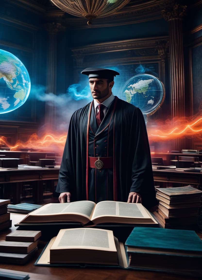  Digital image with double exposure. ((Young pleasant male lecturer in dark robe and master's cap: 1.3)). Background: ((World map)) in a university classroom. ((Cybernetic neon lines of different colours))). Stack of books, globe. Stylistics: steampunk, smoke, electric sparks. Surrealist abstraction, fairy tale, fantasy. In the manner of Andrew Jones, Fragonard, Antoine Watteau, Sabbas Aptheros, Alphonse Mucha. High detail. High contrast. High quality. HDR., hkmagic hyperrealistic, full body, detailed clothing, highly detailed, cinematic lighting, stunningly beautiful, intricate, sharp focus, f/1. 8, 85mm, (centered image composition), (professionally color graded), ((bright soft diffused light)), volumetric fog, trending on instagram, trending on tumblr, HDR 4K, 8K