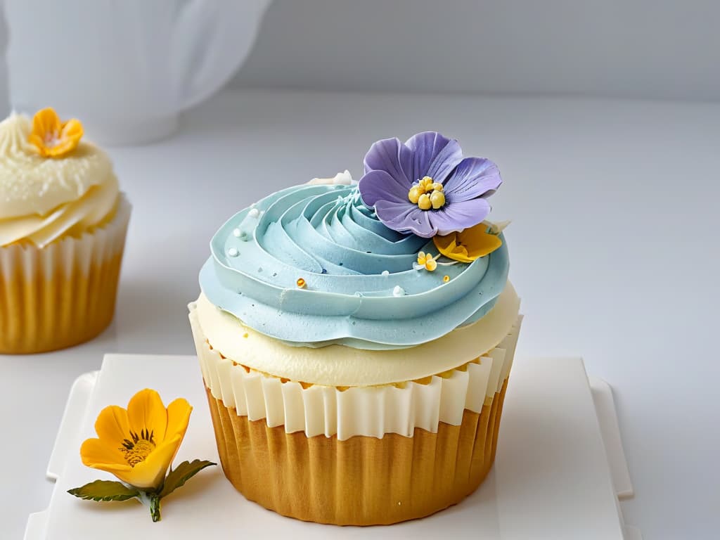  An ultradetailed closeup shot of a perfectly frosted and decorated cupcake, showcasing intricate swirls of pastelcolored buttercream, delicate edible flowers, and shimmering edible gold dust accents, all set against a clean white backdrop. The details are so sharp that each sugar crystal and petal texture is vividly visible, creating a visually striking and mouthwatering minimalistic composition that embodies the artistry and precision of gourmet pastry craftsmanship. hyperrealistic, full body, detailed clothing, highly detailed, cinematic lighting, stunningly beautiful, intricate, sharp focus, f/1. 8, 85mm, (centered image composition), (professionally color graded), ((bright soft diffused light)), volumetric fog, trending on instagram, trending on tumblr, HDR 4K, 8K