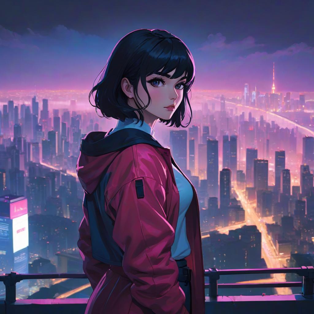  a woman standing in front of a city at night, by Ilya Kuvshinov, digital art, 8 0 s synthwave, striking detailed artstyle, kate bishop, cynthwave hyperrealistic, full body, detailed clothing, highly detailed, cinematic lighting, stunningly beautiful, intricate, sharp focus, f/1. 8, 85mm, (centered image composition), (professionally color graded), ((bright soft diffused light)), volumetric fog, trending on instagram, trending on tumblr, HDR 4K, 8K