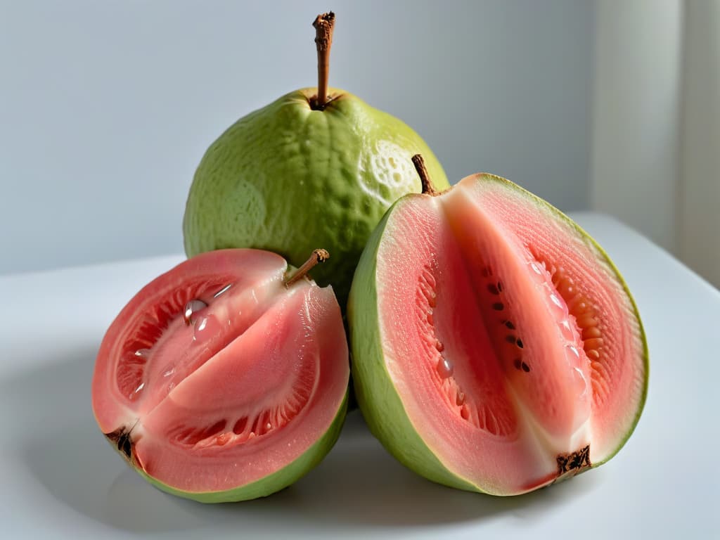  A highresolution, minimalist image of a vibrant guava fruit cut in half, showcasing its luscious pink flesh and seeds against a clean, white background. The details are so sharp that the velvety texture of the fruit's skin and the glistening droplets of juice are almost tangible. The lighting highlights the freshness and exotic allure of the guava, enticing the viewer with its tropical charm. hyperrealistic, full body, detailed clothing, highly detailed, cinematic lighting, stunningly beautiful, intricate, sharp focus, f/1. 8, 85mm, (centered image composition), (professionally color graded), ((bright soft diffused light)), volumetric fog, trending on instagram, trending on tumblr, HDR 4K, 8K