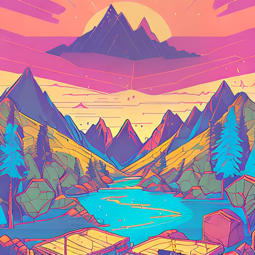 nvinkpunk Whimsical mountains with trees, water, and camping