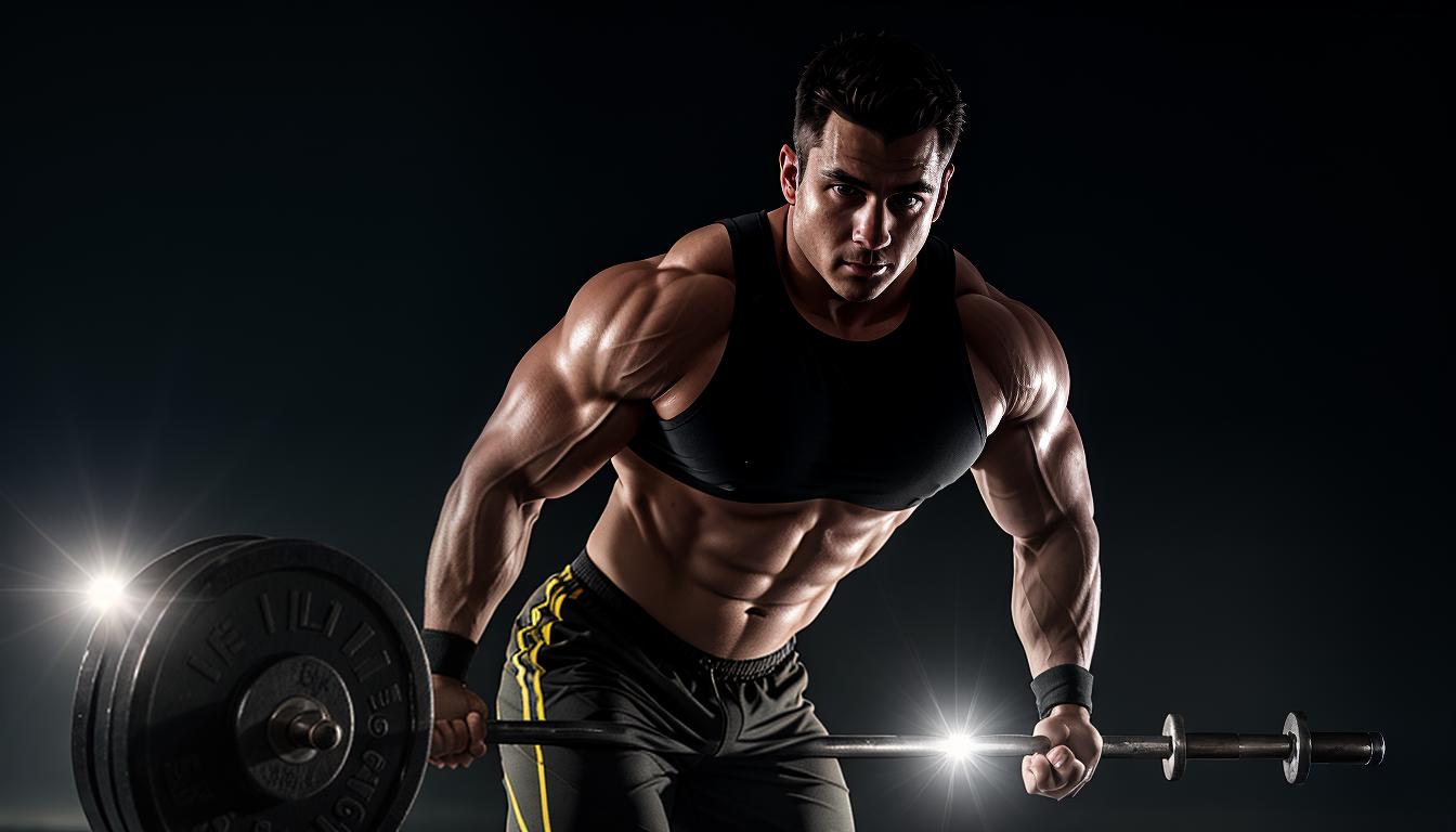  cinematic, aesthetic, Person lifting weights, defined muscles, strong posture, determination, personal strength, 4k, HDR, lens flare