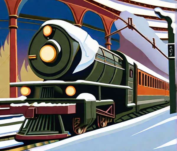  story book art, to stir the imagination of young children, realistic, imaginative design, highly detailed, in the art style of chris van allsburg, a train in a snow covered train station at night, dramatic image, detailed, strong colours