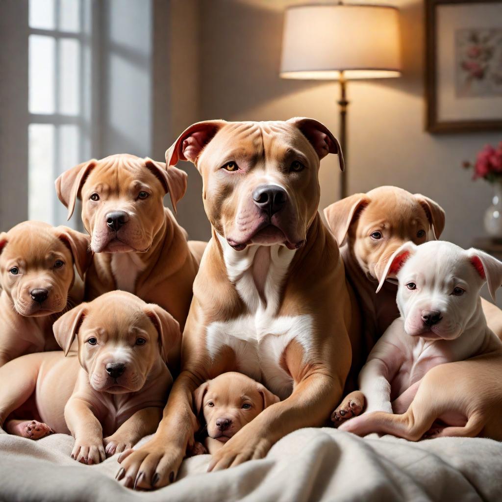  Heartwarming scene featuring a proud but tired mother pitbull with her 10 puppies (6 girls and 4 boys), all snuggling in a cozy bed. The mother is gently resting while keeping a watchful eye on her puppies. Art style: Realistic with warm colors and soft lighting to emphasize the nurturing and loving atmosphere. hyperrealistic, full body, detailed clothing, highly detailed, cinematic lighting, stunningly beautiful, intricate, sharp focus, f/1. 8, 85mm, (centered image composition), (professionally color graded), ((bright soft diffused light)), volumetric fog, trending on instagram, trending on tumblr, HDR 4K, 8K