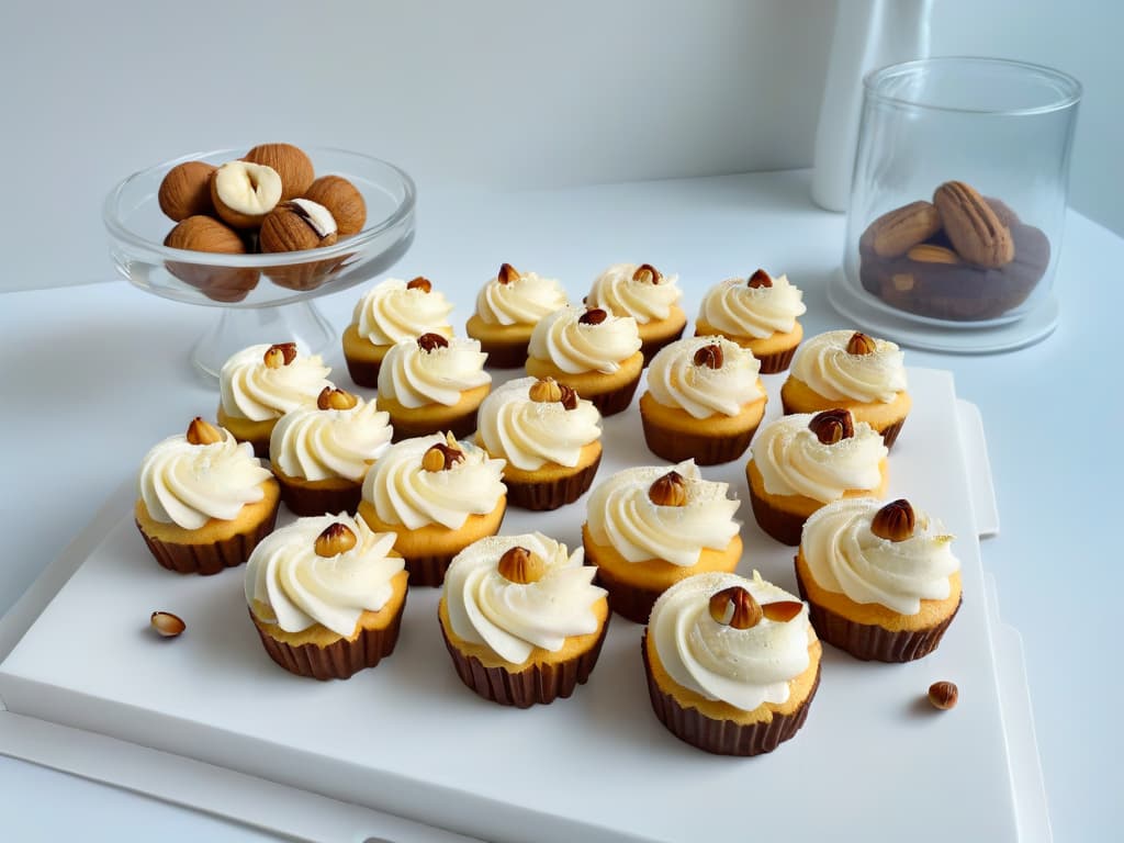  An ultradetailed, highresolution image of a pristine white marble countertop with an arrangement of freshly baked pastries like macadamia nut cookies, macadamia nut brownies, and macadamia nut cupcakes elegantly displayed on a sleek, modern, minimalist platter. The pastries are artfully garnished with whole and crushed macadamia nuts, with a scattering of raw macadamia nuts surrounding them. The image captures the luxurious and indulgent essence of using macadamia nuts in baking, showcasing the nuts' creamy texture and rich flavor in a sophisticated and visually appealing manner. hyperrealistic, full body, detailed clothing, highly detailed, cinematic lighting, stunningly beautiful, intricate, sharp focus, f/1. 8, 85mm, (centered image composition), (professionally color graded), ((bright soft diffused light)), volumetric fog, trending on instagram, trending on tumblr, HDR 4K, 8K