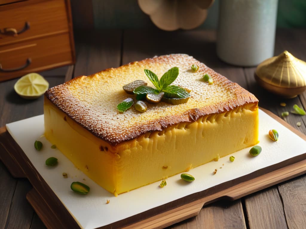  An ultradetailed, photorealistic image of a freshly baked namoura, a traditional Middle Eastern semolina cake soaked in syrup, resting on a rustic wooden table. The namoura is beautifully garnished with a sprinkle of crushed pistachios, a drizzle of honey, and a sprig of fresh mint, exuding a mouthwatering aroma. The golden syrup glistens invitingly on the textured surface of the cake, capturing the intricate details of the crumbly semolina and creating a visually captivating scene that conveys the deliciousness of this dessert. hyperrealistic, full body, detailed clothing, highly detailed, cinematic lighting, stunningly beautiful, intricate, sharp focus, f/1. 8, 85mm, (centered image composition), (professionally color graded), ((bright soft diffused light)), volumetric fog, trending on instagram, trending on tumblr, HDR 4K, 8K