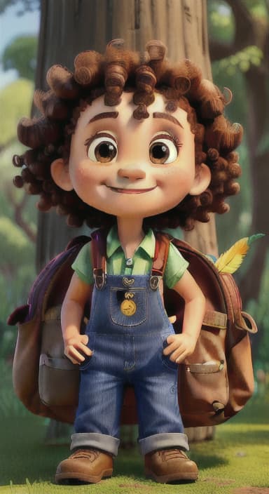  {The tree with a smiling face formed by its bark, looking down at Riley., Riley, a curious with big brown eyes and curly hair, wearing overalls and carrying a small backpack. Their friend, Skye, a bluebird with shiny feathers.