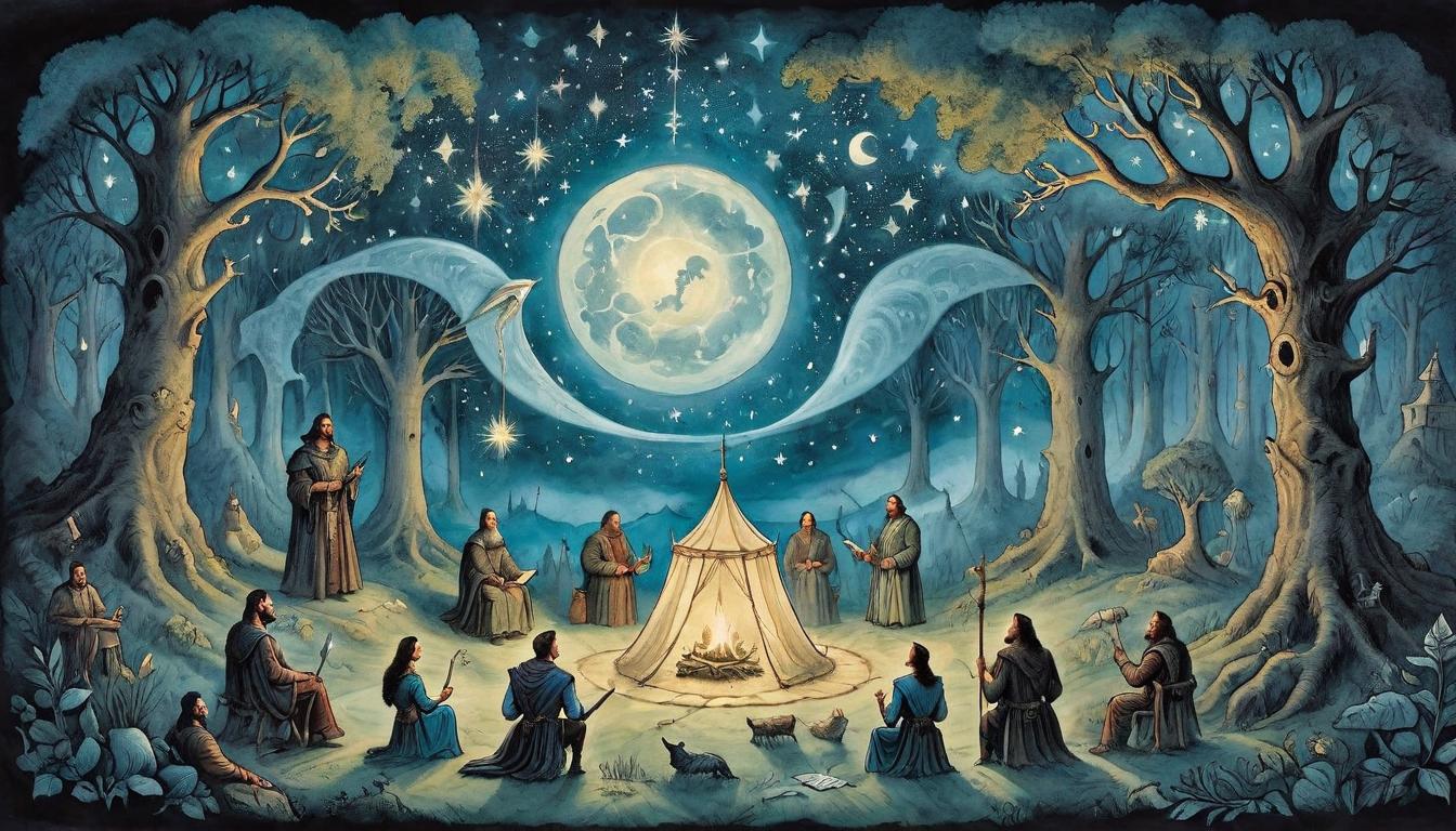  on parchment, surrealism+++, Storytellers beneath a canopy of stars, their tales weaving through the air like magic, Enchanted gathering, Oral tradition, spellbound audience, cultural legacy(mysterious, provocative, symbolic,muted color)+++