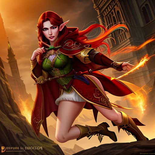  A half elf bard with dark chestnut hair and green eyes, wearing a red cloak. hyperrealistic, full body, detailed clothing, highly detailed, cinematic lighting, stunningly beautiful, intricate, sharp focus, f/1. 8, 85mm, (centered image composition), (professionally color graded), ((bright soft diffused light)), volumetric fog, trending on instagram, trending on tumblr, HDR 4K, 8K
