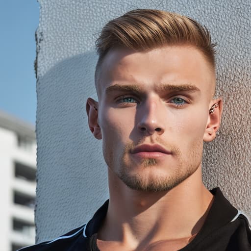 portrait+ style Russian queer fitness model blonde hunk dude face