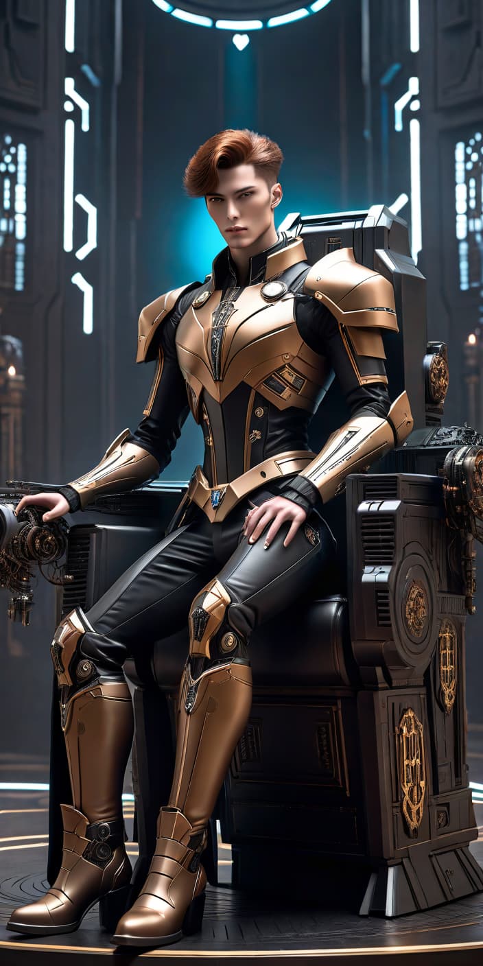  cybernetic style Full height. Whole body in frame. Boy. Slender and skinny. Thin facial features. Beautiful. Tan. Brown hair down to shoulders. In the world Warhammer. Psyker. Dark clothing. Black boots. Against the backdrop of a throne room. Thoughtful pose. . futuristic, technological, cybernetic enhancements, robotics, artificial intelligence themes hyperrealistic, full body, detailed clothing, highly detailed, cinematic lighting, stunningly beautiful, intricate, sharp focus, f/1. 8, 85mm, (centered image composition), (professionally color graded), ((bright soft diffused light)), volumetric fog, trending on instagram, trending on tumblr, HDR 4K, 8K