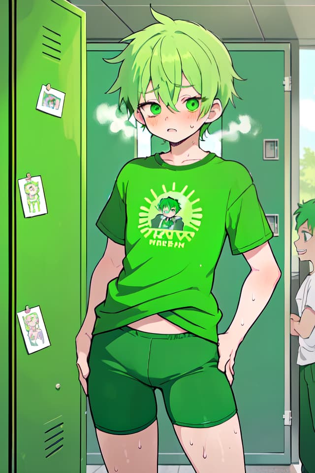  Green haired boys who are sweaty and sweaty, lean on a locker and have a hips