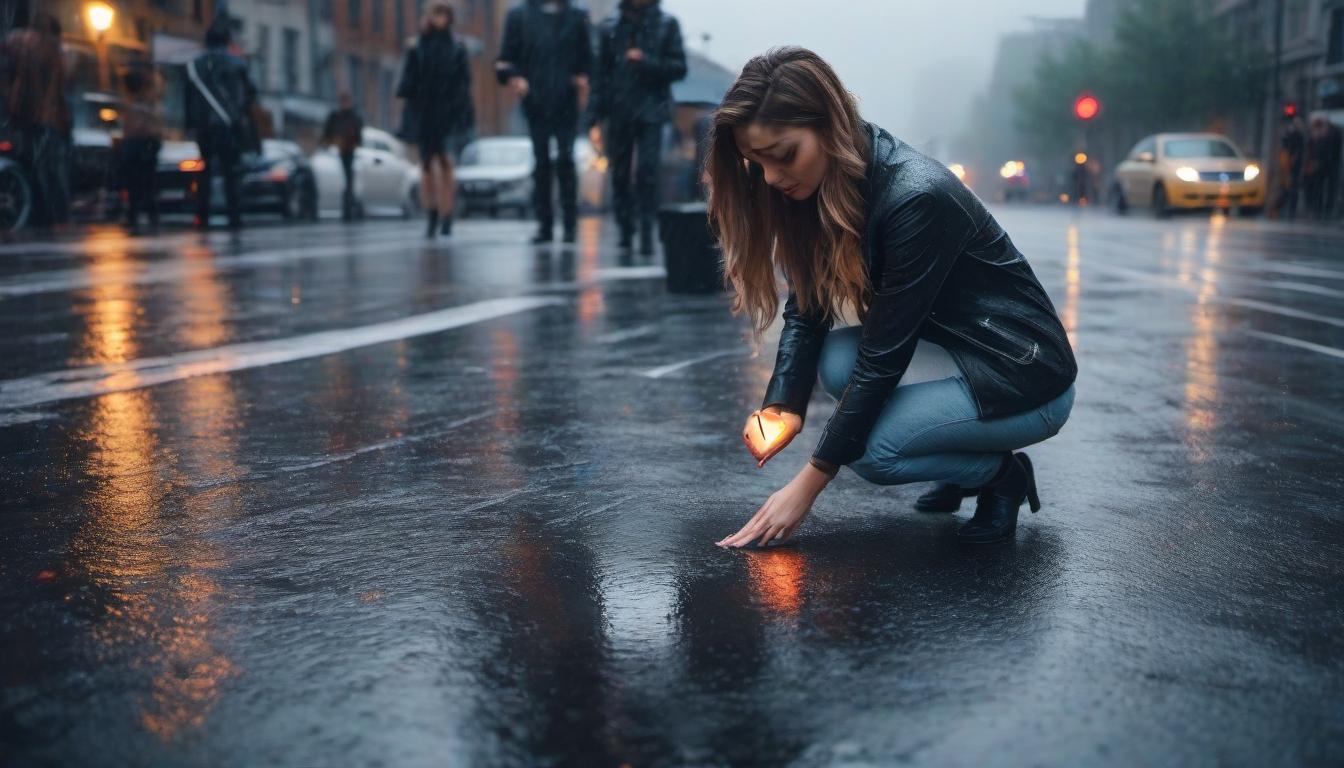  A girl draws a heart under the rain on asphalt. hyperrealistic, full body, detailed clothing, highly detailed, cinematic lighting, stunningly beautiful, intricate, sharp focus, f/1. 8, 85mm, (centered image composition), (professionally color graded), ((bright soft diffused light)), volumetric fog, trending on instagram, trending on tumblr, HDR 4K, 8K