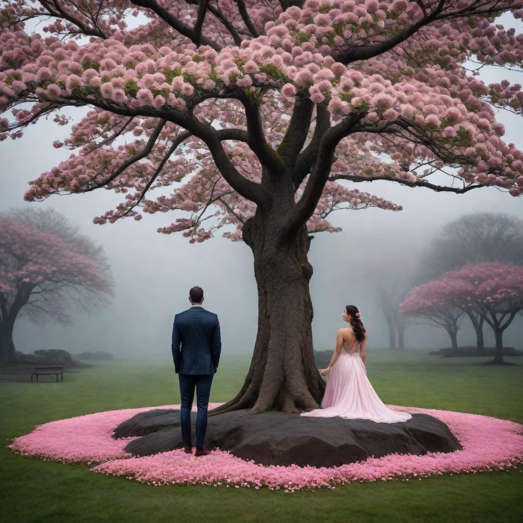  A beautiful scene of a dogwood tree with pink flowering petals, under a dark sky with lovers standing under the tree. hyperrealistic, full body, detailed clothing, highly detailed, cinematic lighting, stunningly beautiful, intricate, sharp focus, f/1. 8, 85mm, (centered image composition), (professionally color graded), ((bright soft diffused light)), volumetric fog, trending on instagram, trending on tumblr, HDR 4K, 8K