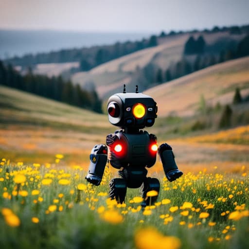  A solitary robot sitting in a field of wildflowers at sunset. Apply the Following Styles Cyberpunk hyperrealistic, full body, detailed clothing, highly detailed, cinematic lighting, stunningly beautiful, intricate, sharp focus, f/1. 8, 85mm, (centered image composition), (professionally color graded), ((bright soft diffused light)), volumetric fog, trending on instagram, trending on tumblr, HDR 4K, 8K