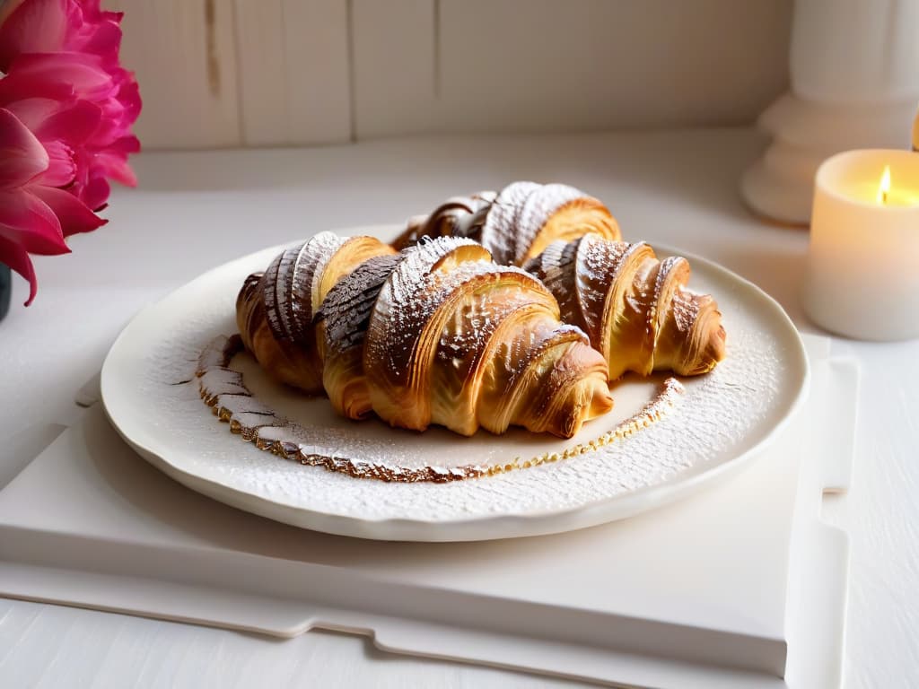  An ultradetailed closeup image of a perfectly goldenbrown, flaky croissant sprinkled with powdered sugar, resting on a delicate white porcelain plate with subtle floral motifs. The croissant is delicately split open, revealing a steamy interior filled with rich, decadent chocolate. The plate is set on a rustic wooden table, softly illuminated by a gentle morning light streaming through a nearby window, creating a warm and inviting ambiance that evokes the essence of quick and delightful baking experiences. hyperrealistic, full body, detailed clothing, highly detailed, cinematic lighting, stunningly beautiful, intricate, sharp focus, f/1. 8, 85mm, (centered image composition), (professionally color graded), ((bright soft diffused light)), volumetric fog, trending on instagram, trending on tumblr, HDR 4K, 8K