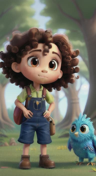  {The tree with a twinkling eye, while its leaves gently rustle., Riley, a curious with big brown eyes and curly hair, wearing overalls and carrying a small backpack. Their friend, Skye, a bluebird with shiny feathers.