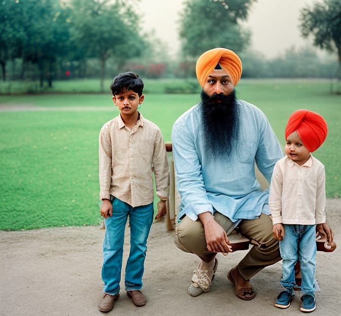 analog style two Sikh sardar father and son are enjoying in playground in morning time