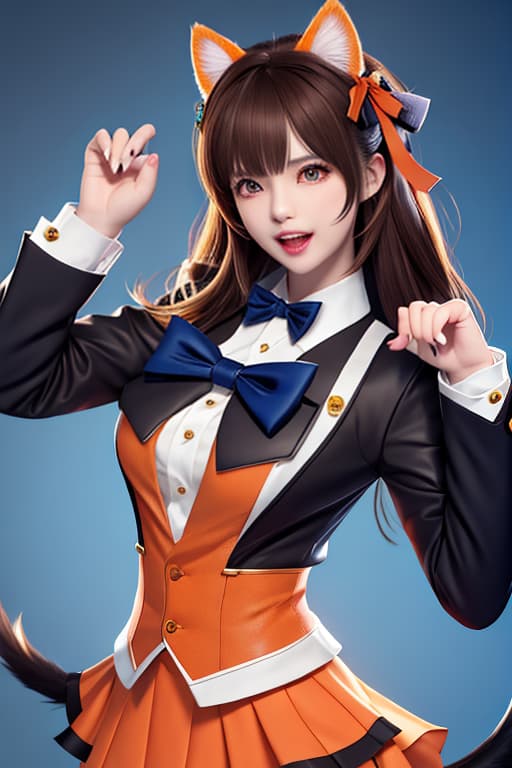  masterpiece, best quality, 1, solo, animal ears, bow, teeth, jacket, tail, open mouth, brown hair, orange background, bowtie, orange nails, simple background, cat ears, orange eyes, blue bow, animal ear fluff, cat tail, looking at viewer, upper body, shirt, uniform, hood, striped bow, striped, white shirt, black jacket, blue bowtie, fingernails, long sleeves, cat , bangs, fangs, collared shirt, striped bowtie, short hair, tongue, hoodie, sharp teeth, facial mark, claw pose hyperrealistic, full body, detailed clothing, highly detailed, cinematic lighting, stunningly beautiful, intricate, sharp focus, f/1. 8, 85mm, (centered image composition), (professionally color graded), ((bright soft diffused light)), volumetric fog, trending on instagram, trending on tumblr, HDR 4K, 8K