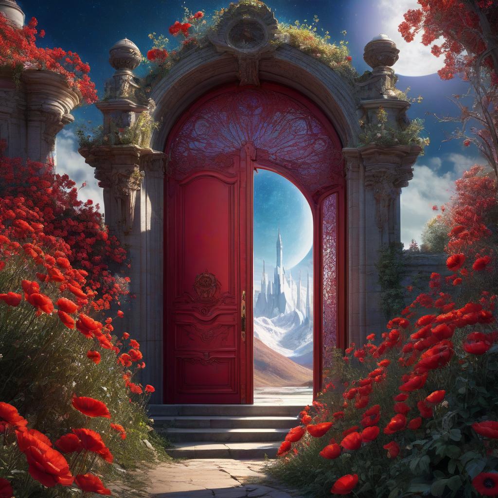  A masterpiece. The Ice Palace. Huge palace Grandiose construction. The palace is outside. Highly detailed, highly detailed. High quality. Beauty, grace, majesty. An ice lake. Fairy tale, fantasy. Alfonso Mucha. HDR.Beautiful red door with branching ornamentation. The door looks like a portal. Fantasy, magic. High elaboration, high realization. The door opens into a beautiful garden. A door without a lock. (Sparkling rim)): spring field, hyacinths, roses, rosehips, rose hips, peonies, cherry tree, yellow, red. Surrealist abstractionism. Honoré Fargonard, Alfonso Mucha.Flying saucer. Space, fantasy. Purple, blue, silver colors. Moon, aliens. There's a castle on the moon. Ice cream. A field of red poppies, daisies. OZ. Realism. Beauty, myste hyperrealistic, full body, detailed clothing, highly detailed, cinematic lighting, stunningly beautiful, intricate, sharp focus, f/1. 8, 85mm, (centered image composition), (professionally color graded), ((bright soft diffused light)), volumetric fog, trending on instagram, trending on tumblr, HDR 4K, 8K