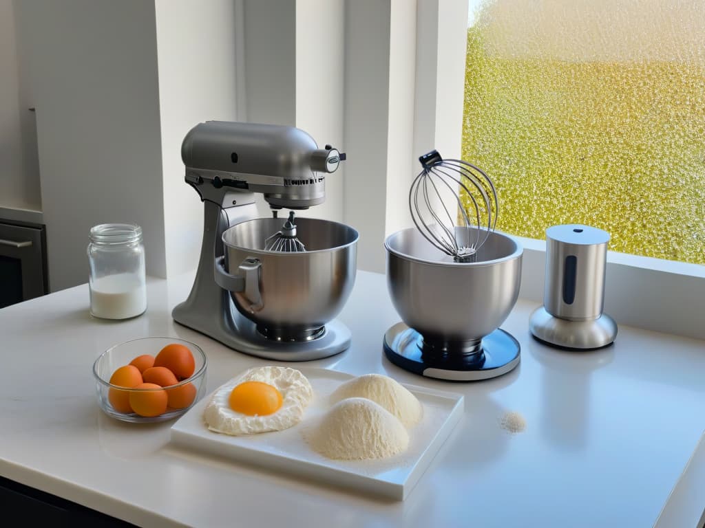  A topdown, ultradetailed image of a pristine white marble countertop with a sleek, modern silver stand mixer in the center. The mixer is surrounded by carefully arranged ingredients like flour, sugar, eggs, and vanilla beans in elegant glass bowls. Soft natural light streams in from a nearby window, casting gentle shadows and highlighting the texture of the ingredients. hyperrealistic, full body, detailed clothing, highly detailed, cinematic lighting, stunningly beautiful, intricate, sharp focus, f/1. 8, 85mm, (centered image composition), (professionally color graded), ((bright soft diffused light)), volumetric fog, trending on instagram, trending on tumblr, HDR 4K, 8K