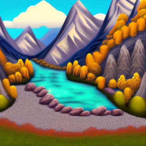 wa-vy style mountains with stream in valley and trees