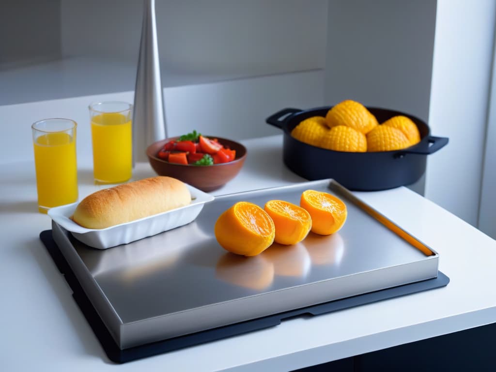  An ultradetailed image showcasing a sleek, modern kitchen with a pristine stainless steel baking tray on the left and a shiny aluminum baking tray on the right. The trays are impeccably clean, reflecting the ambient light in the kitchen. The minimalist design of the kitchen highlights the contrast between the two materials, emphasizing their differences in a visually appealing manner. hyperrealistic, full body, detailed clothing, highly detailed, cinematic lighting, stunningly beautiful, intricate, sharp focus, f/1. 8, 85mm, (centered image composition), (professionally color graded), ((bright soft diffused light)), volumetric fog, trending on instagram, trending on tumblr, HDR 4K, 8K