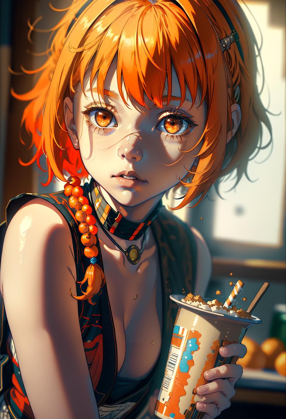  ((trending, highres, masterpiece, cinematic shot)), 1girl, young, female tribal clothes, eating food, short messy orange hair, parted bangs, large brown eyes, dumb, airheaded personality, smug expression, very pale skin, orderly, observant