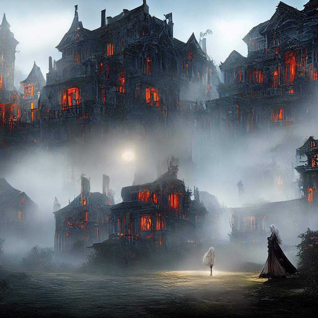  ((masterpiece)),(((best quality))), 8k, high detailed, ultra-detailed, A female ghost with flowing white hair and glowing red eyes, (a dilapidated haunted house) in the background, surrounded by mist and shadows hyperrealistic, full body, detailed clothing, highly detailed, cinematic lighting, stunningly beautiful, intricate, sharp focus, f/1. 8, 85mm, (centered image composition), (professionally color graded), ((bright soft diffused light)), volumetric fog, trending on instagram, trending on tumblr, HDR 4K, 8K