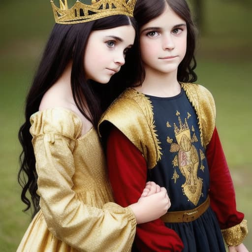  A girl with dark hair and brown eyes is a princess in a medieval-style dress with a firebird embroidered in gold thread on her hip.Long sleeve dress. He has a crown on his head. A girl with dark hair