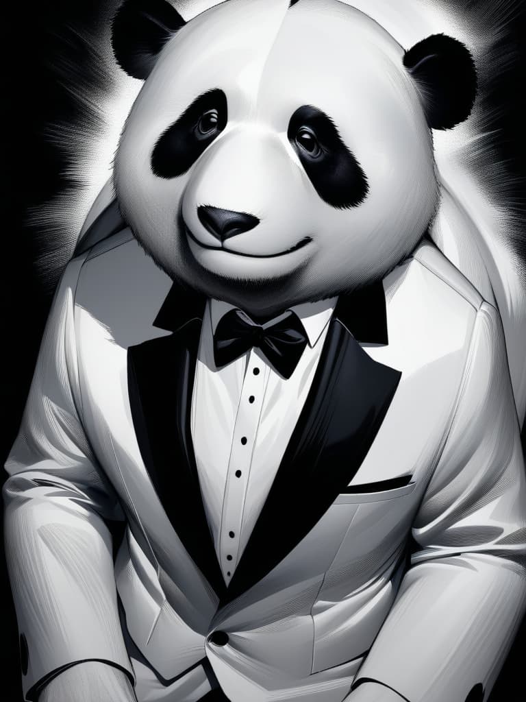  (((panda wearing a tuxedo:1.5)))、((black background、photorealistic monochrome picture style:1.4、grayscale))、best quality:1.4、masterpiece:1.4、ultra detailed texture、RAW photorealistic、absurd resolution、8K illustration、💩、💩、💩、💩、💩、, masterpiece, best quality,8k,ultra detailed,high resolution,an extremely delicate and beautiful,hyper detail