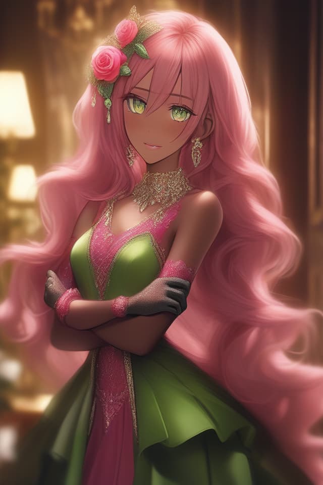  Noble daughter,(dark skin) masterpiece,beautiful girl,slender,rose pink hair color,long fluffy hair,beautiful green eyes,(slightly tanned skin) wearing dainty long dress,long gloves,high quality,8K