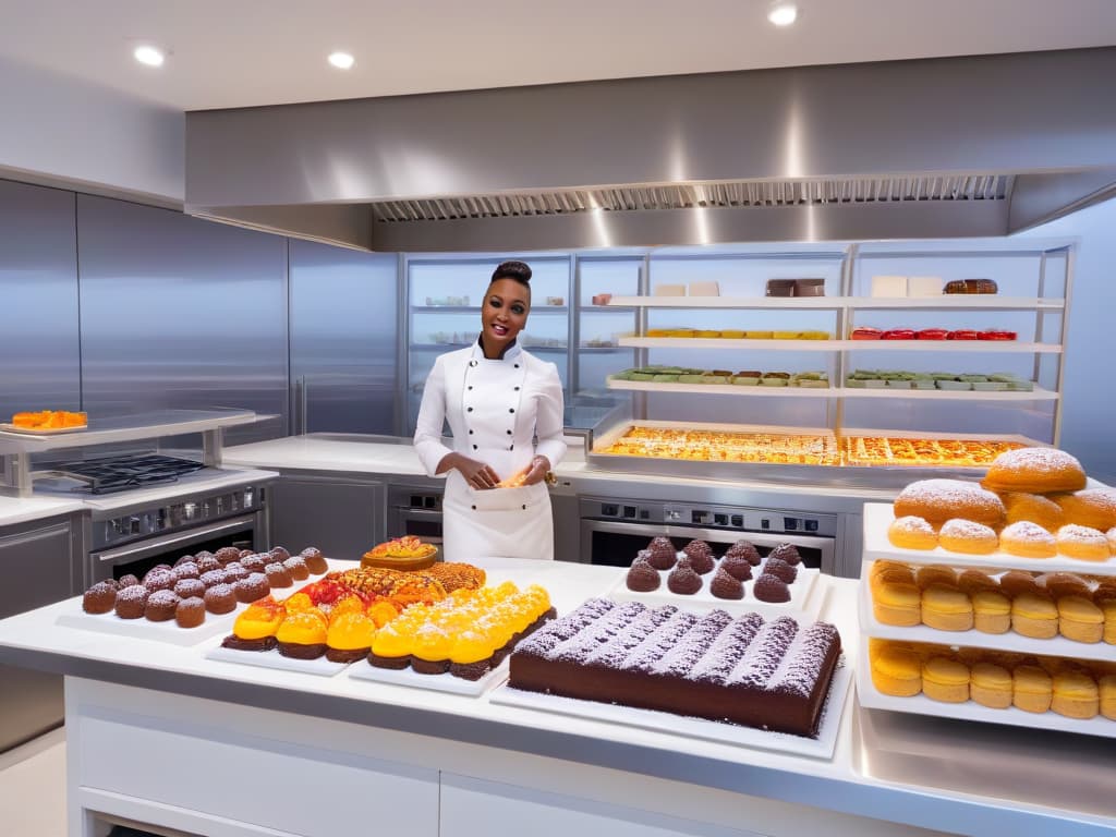  An ultradetailed image of a sleek, modern kitchen with a marble countertop, stainless steel appliances, and an array of elegantly displayed colorful pastries and cakes created by Lorraine Pascale. The image captures the essence of professional refinement and inspirational creativity in the world of pastry reinvention. hyperrealistic, full body, detailed clothing, highly detailed, cinematic lighting, stunningly beautiful, intricate, sharp focus, f/1. 8, 85mm, (centered image composition), (professionally color graded), ((bright soft diffused light)), volumetric fog, trending on instagram, trending on tumblr, HDR 4K, 8K