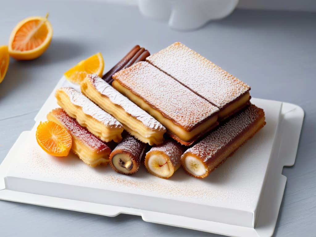  A closeup, ultradetailed image of freshly made churros and colorful paletas arranged in a visually pleasing pattern on a sleek, modern white plate. The churros are perfectly golden and crispy, sprinkled with cinnamon sugar, while the paletas glisten with vibrant fruit flavors. The natural light highlights the textures and colors of the desserts, creating a mouthwatering and visually striking composition. hyperrealistic, full body, detailed clothing, highly detailed, cinematic lighting, stunningly beautiful, intricate, sharp focus, f/1. 8, 85mm, (centered image composition), (professionally color graded), ((bright soft diffused light)), volumetric fog, trending on instagram, trending on tumblr, HDR 4K, 8K