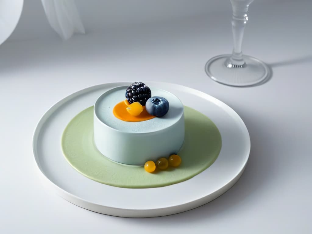  A serene image of a single, perfectly plated dessert at the center of a white porcelain plate, showcasing a delicate, intricate design that highlights the beauty of simplicity. The dessert is a symphony of pastel colors, with a glossy glaze that reflects soft, natural light. Surrounding the plate, there are subtle hints of minimalist decor, such as a sleek, modern fork placed neatly on a crisp linen napkin, all against a clean, uncluttered background to emphasize the elegance and sophistication of the minimalist dessert presentation. hyperrealistic, full body, detailed clothing, highly detailed, cinematic lighting, stunningly beautiful, intricate, sharp focus, f/1. 8, 85mm, (centered image composition), (professionally color graded), ((bright soft diffused light)), volumetric fog, trending on instagram, trending on tumblr, HDR 4K, 8K