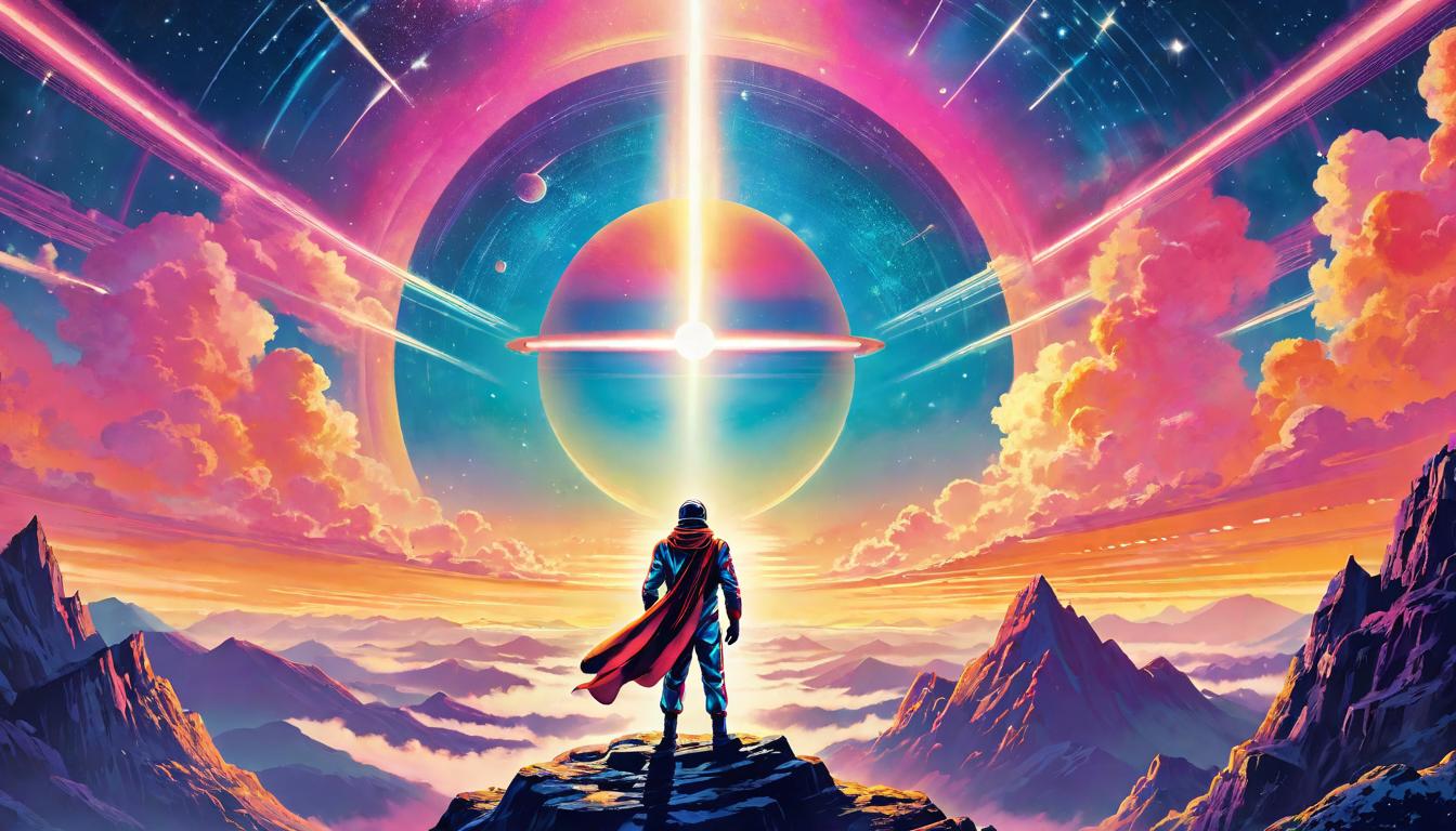  retro futuristic A single figure standing atop a mountain at sunrise, arms open wide as if embracing the cosmos, galaxy visible in the sky above. Cosmic connection, embrace of the infinite, galaxy embraced. lvintage sci fi, 50s and 60s style, atomic age, vibrant, highly detailed