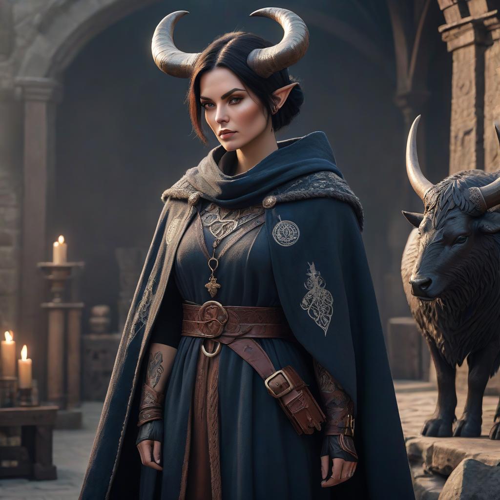  A Georgian woman, horns, medieval clothing, belts, cloak, dark short hair to shoulder length, runic tattoos, high detail. hyperrealistic, full body, detailed clothing, highly detailed, cinematic lighting, stunningly beautiful, intricate, sharp focus, f/1. 8, 85mm, (centered image composition), (professionally color graded), ((bright soft diffused light)), volumetric fog, trending on instagram, trending on tumblr, HDR 4K, 8K