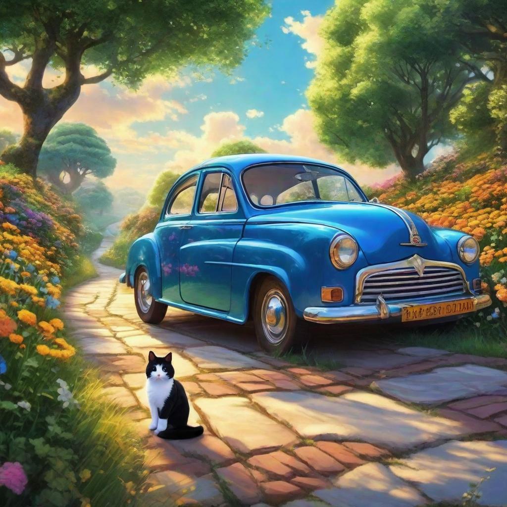  masterpiece, best quality,Miniature scene, a cute car, along the way is a warm house and a lush tree, flowers and grass dotted between, a curved road leading forward, there is a cute fat cat on the road, blue sky and white clouds, poetic mood pervades, as if in a fairy tale world, people are fascinated, intoxicated in this beautiful picture. HD, sunny, colorful, detailed scene.