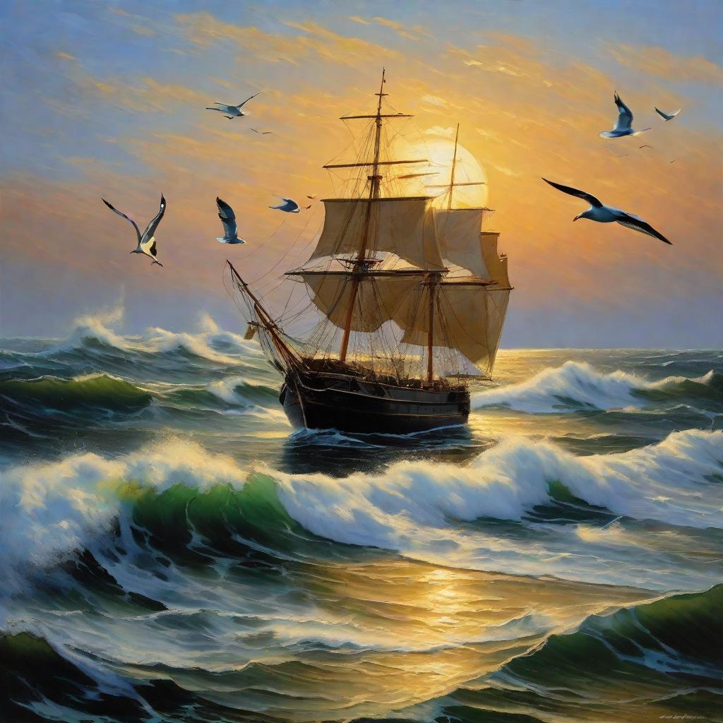  masterpiece, best quality,Philosophy: From a philosopher's perspective, philosophers contemplate the meaning of life and the universe as they gaze at the choppy sea. Waves, seagulls, lone sails, and coastlines form a painting that symbolizes freedom of exploration and solitude. Sunset lights reflect on the sea, reminding us of the passage of time and the shortness of life. This picture condenses philosophers 'infinite pursuit of truth and awe.